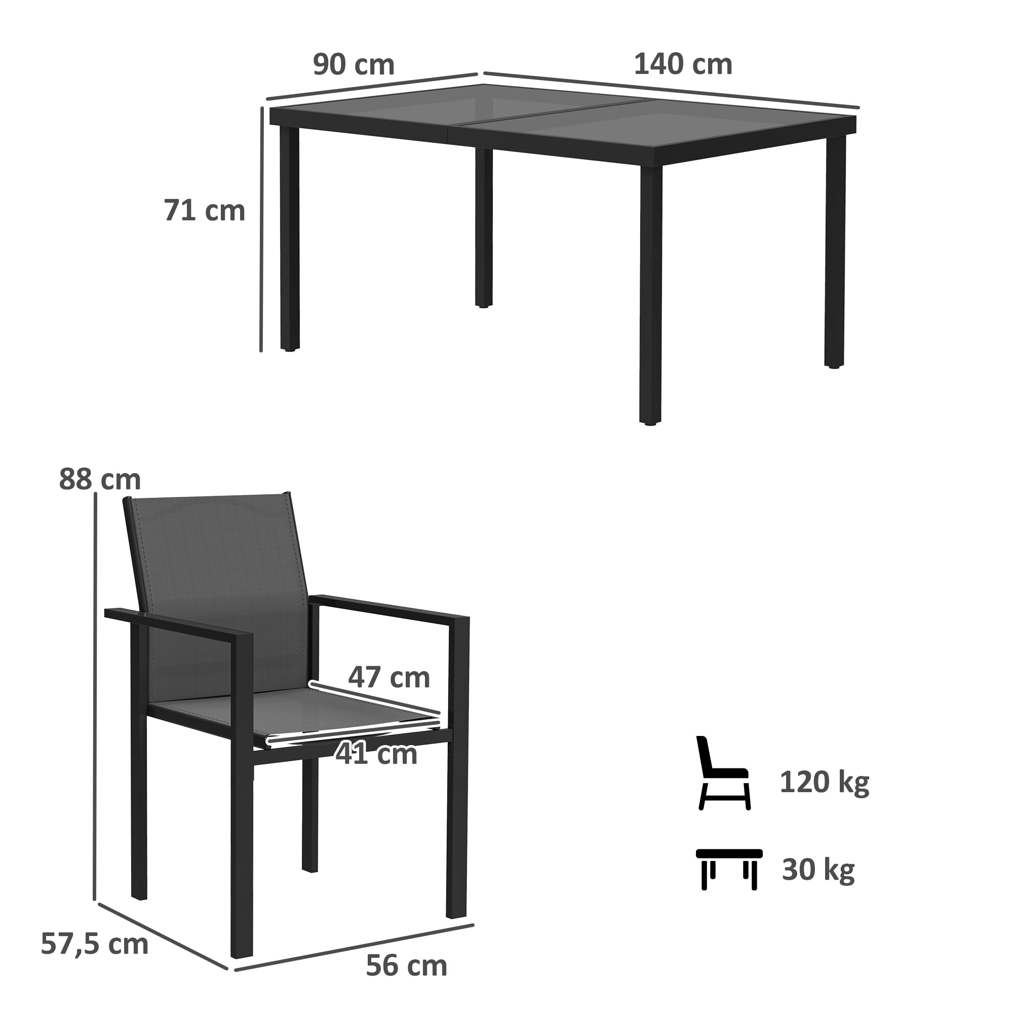 Outsunny Salon de Jardin extérieur 4 Personnes, Table de Jardin extérieure avec 4 chaises empilables, Plateau en Verre trempé 140 cm, mobilier de Jardin, terrasse, Porche, Noir