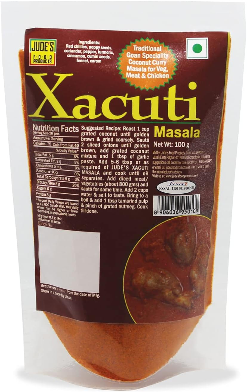 Jude'sFood Products - Xacuti Masala | Authentic, traditional Goan recipe | Goan Speciality | Ready to Use | Perfect for Cooking |No Added Colour, Flavours | For Fish, Prawns, Chicken, Meat, Vegetables | Spice Powder | 100 gms (Pack of 1)