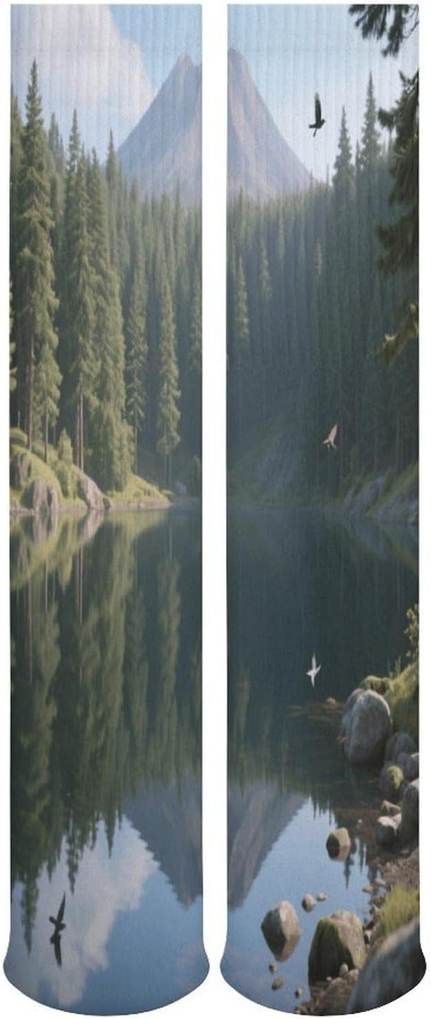 Coniferous Forest, Crater Lake Crew Socks High Stocking Thermal Socks | Tube Socks-Breathable-Moisture-Soft-wicking for Hospital Pilates Yoga for women men Grippy for office and daily walking