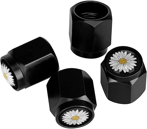 Muishi Tapones de válvula de neumático con diseño de margaritas de sol de flores blancas, tapas de válvula de neumático de aluminio negro, cubiertas