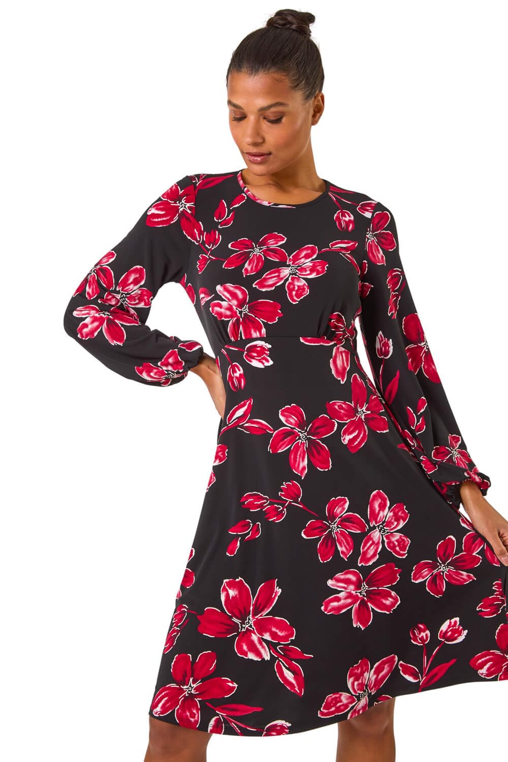 Roman Women's Red Floral Print Tea Stretch Dress
