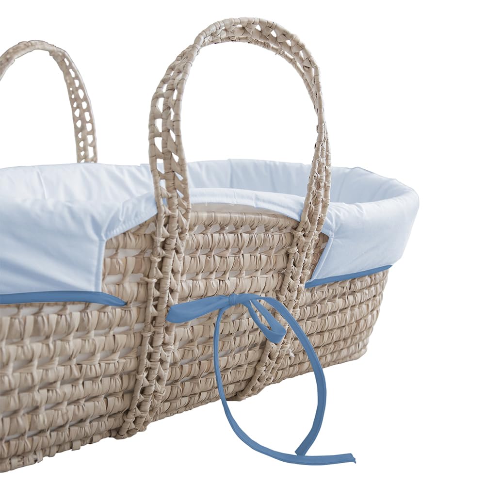 Tanuki Moisés de Mimbre Natural para Bebé con Base de Madera - Hecho a Mano - Colchón Incluido - Estilo nórdico Liso Azul