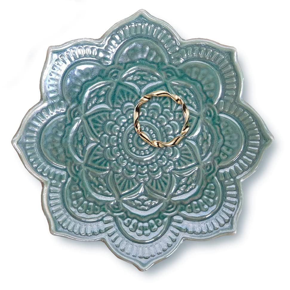 Image of Small Green Mandala Trinket Dish Jewellery Dish Tray, Ceramic Decorative Ring Holder Dish, Gifts for Women, Friend, Mum, Girls, Her, Birthday Christmas Valentines' Mothers' Day Present