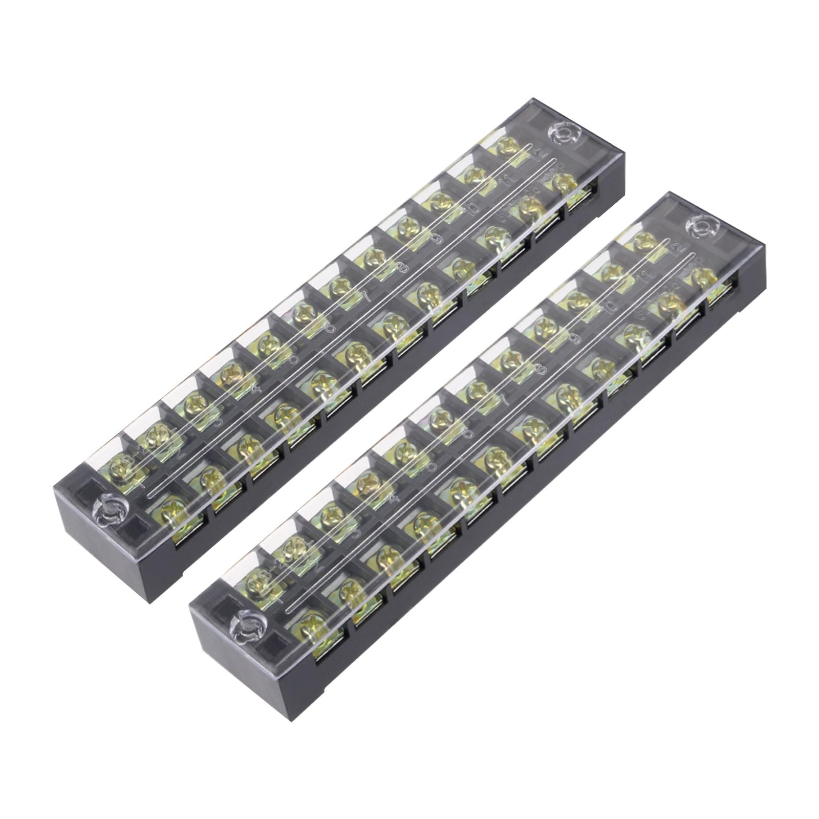 Rebower 12 Positions Dual Rows 600V 25A Terminal Strip Blocks Barrier Screws (with Cover), [for Wires Connecting, Electronic Circuits] - 2 Pack/Black/TB-2512L
