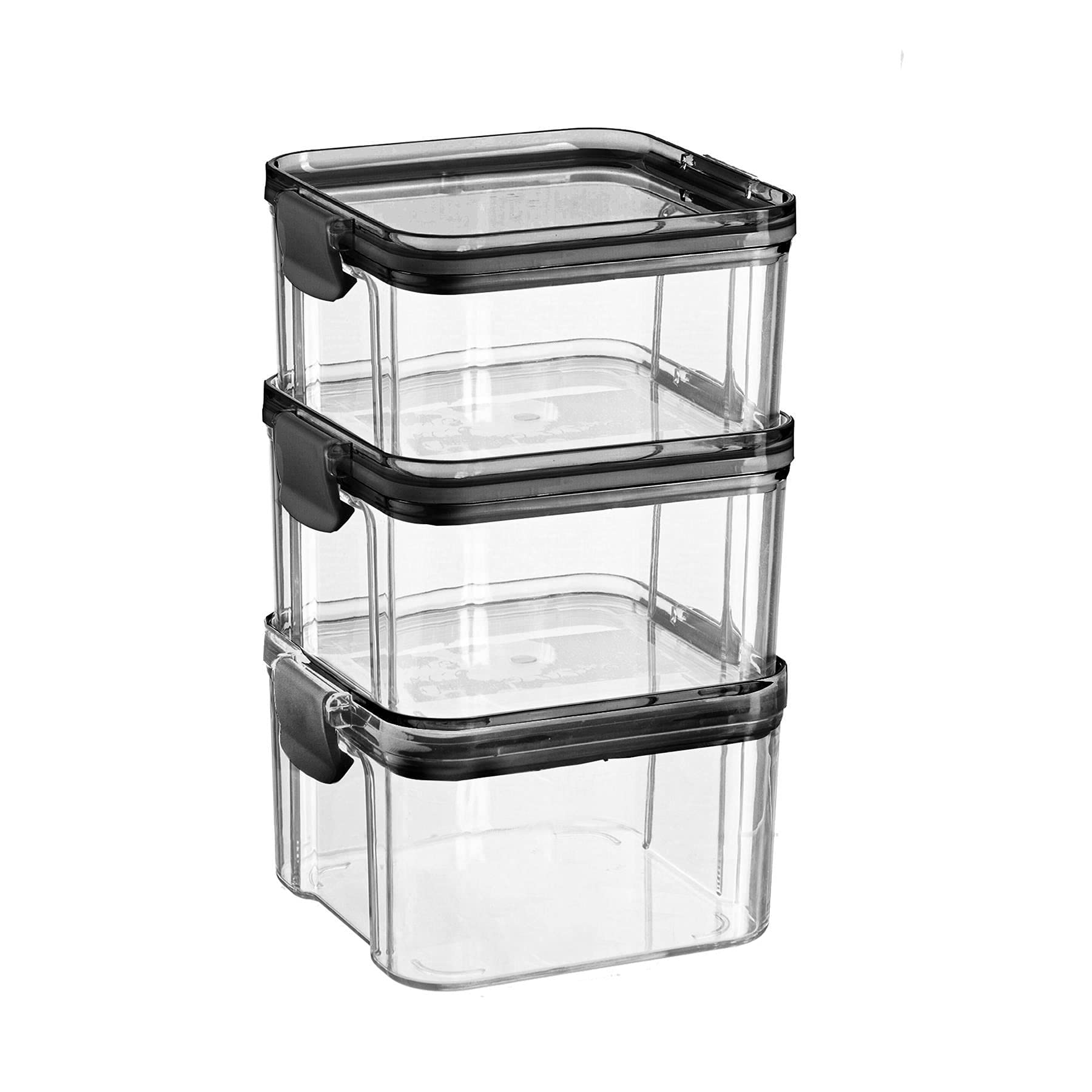 Argon Tableware Black Food Storage Containers - 460Ml - Pack Of 3 - Clear Airtight Reusable Stackable Freezer Storage Meal Prep Container Lunch Tupperware Box With Clip-Lock Lid