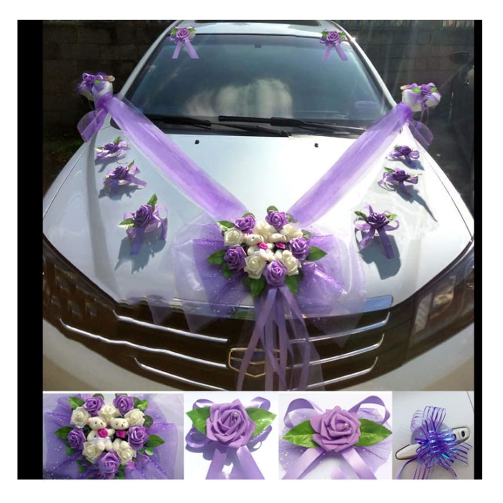 Organza Schleife Autoschmuck Set Brautwagen Girlande Dekoration Tüll Schleife Hochzeitsauto Hochzeitsdekoration Hochzeit Autoschleife Blumenschmuck für Party Türgriff Ornament Lila