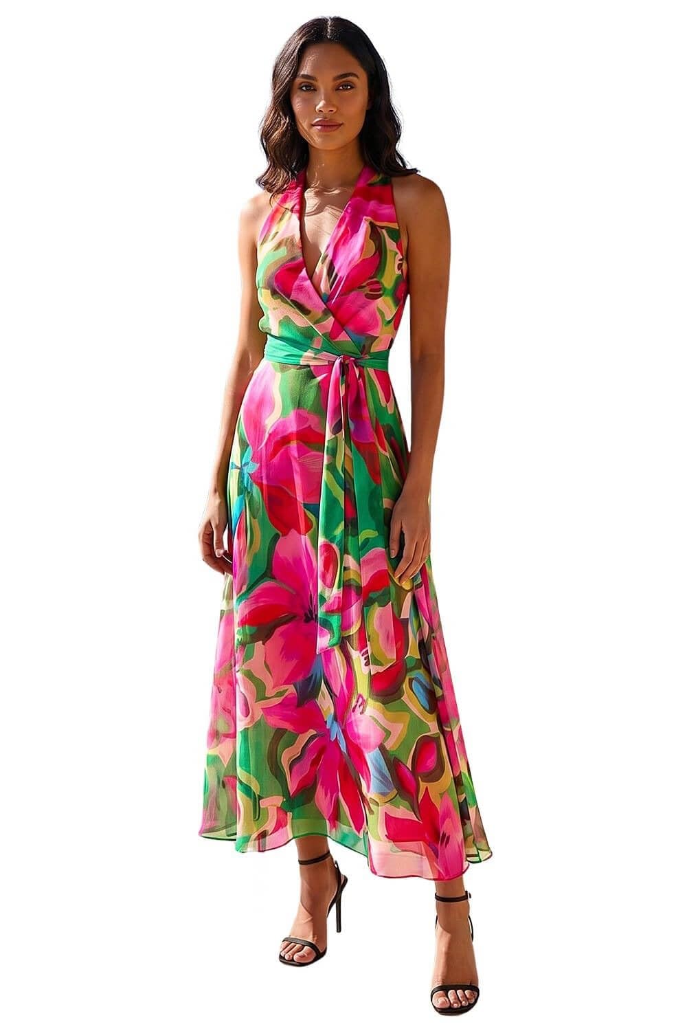Roman Originals Floral Print Halterneck Maxi Dress for Women UK - Ladies Everyday Holiday Spring Summer V-Neckline Comfy Soft Evening Vacation Work Party - Cerise - Size 18