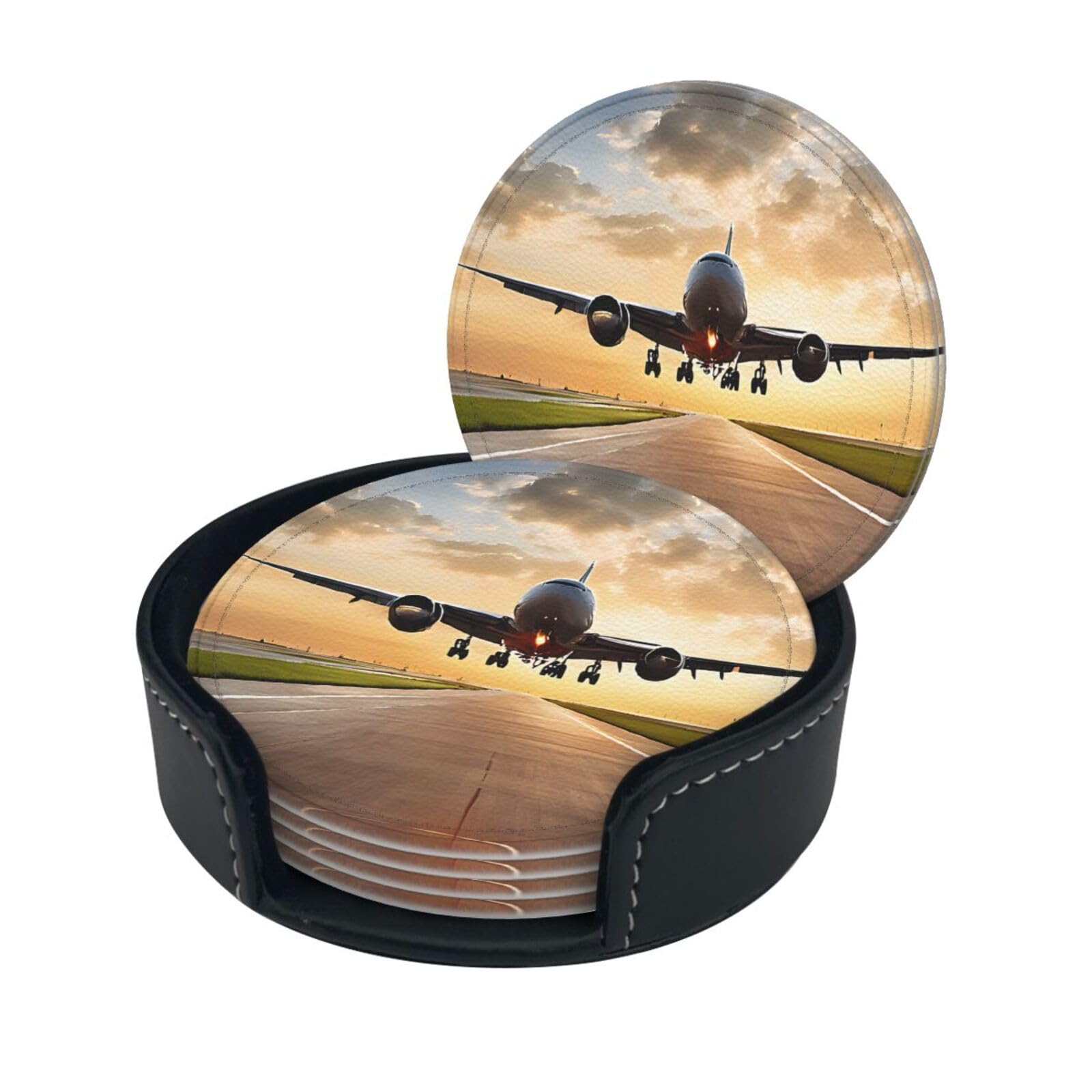 Airplane Print Coaster,Round Leather Coasters with Storage Box for Wine Mugs,Cold Drinks and Cups Tabletop Protection (6 Piece)