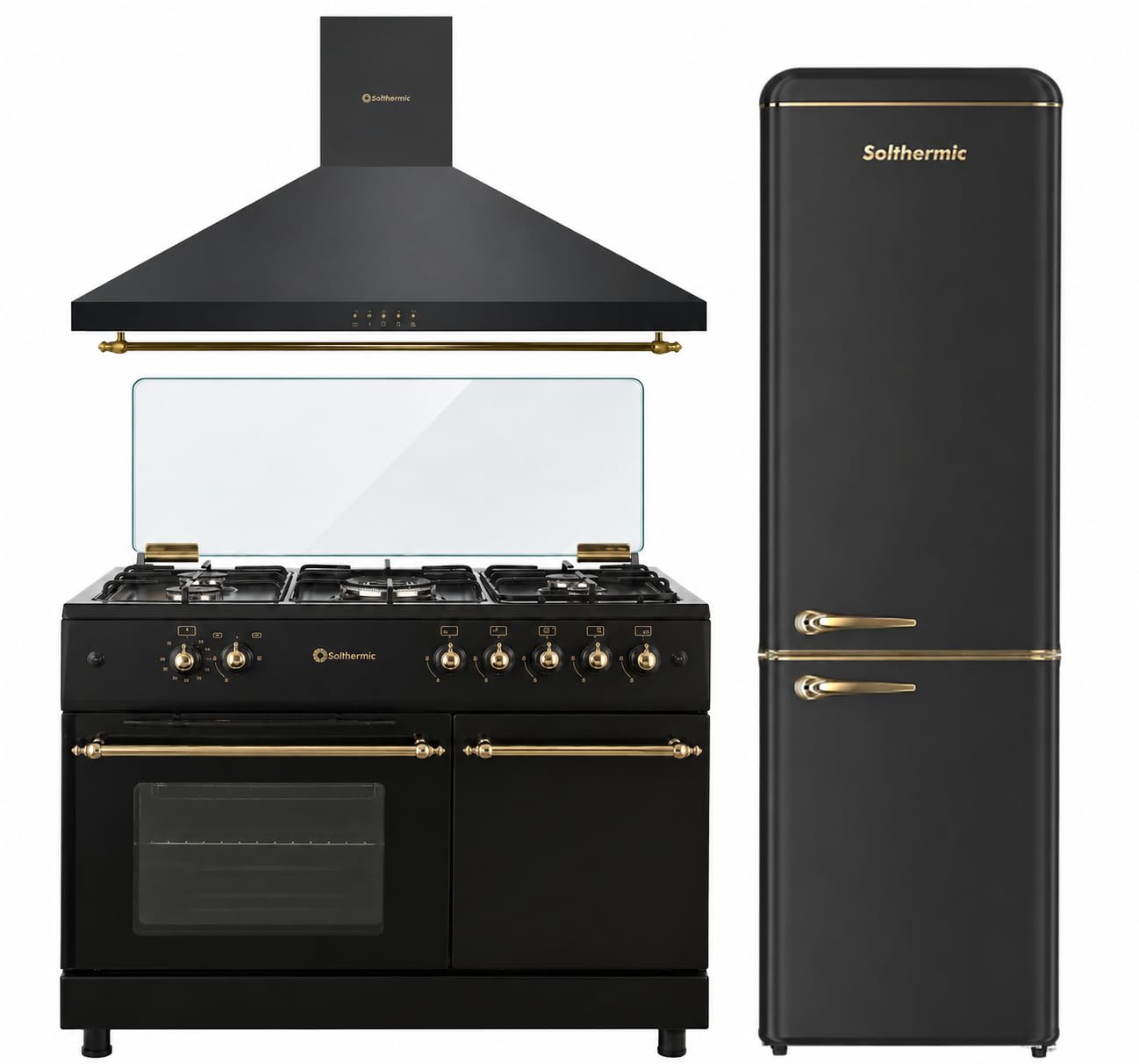 SOLTHERMIC 3 EN 1 COCINA PORTAMBONA NEGRA RUSTICA + CAMPANA DECORATIVA 90 CM + FCR188N 1,88 CM alto x 55 de ancho de 270 litros CAPACIDAD
