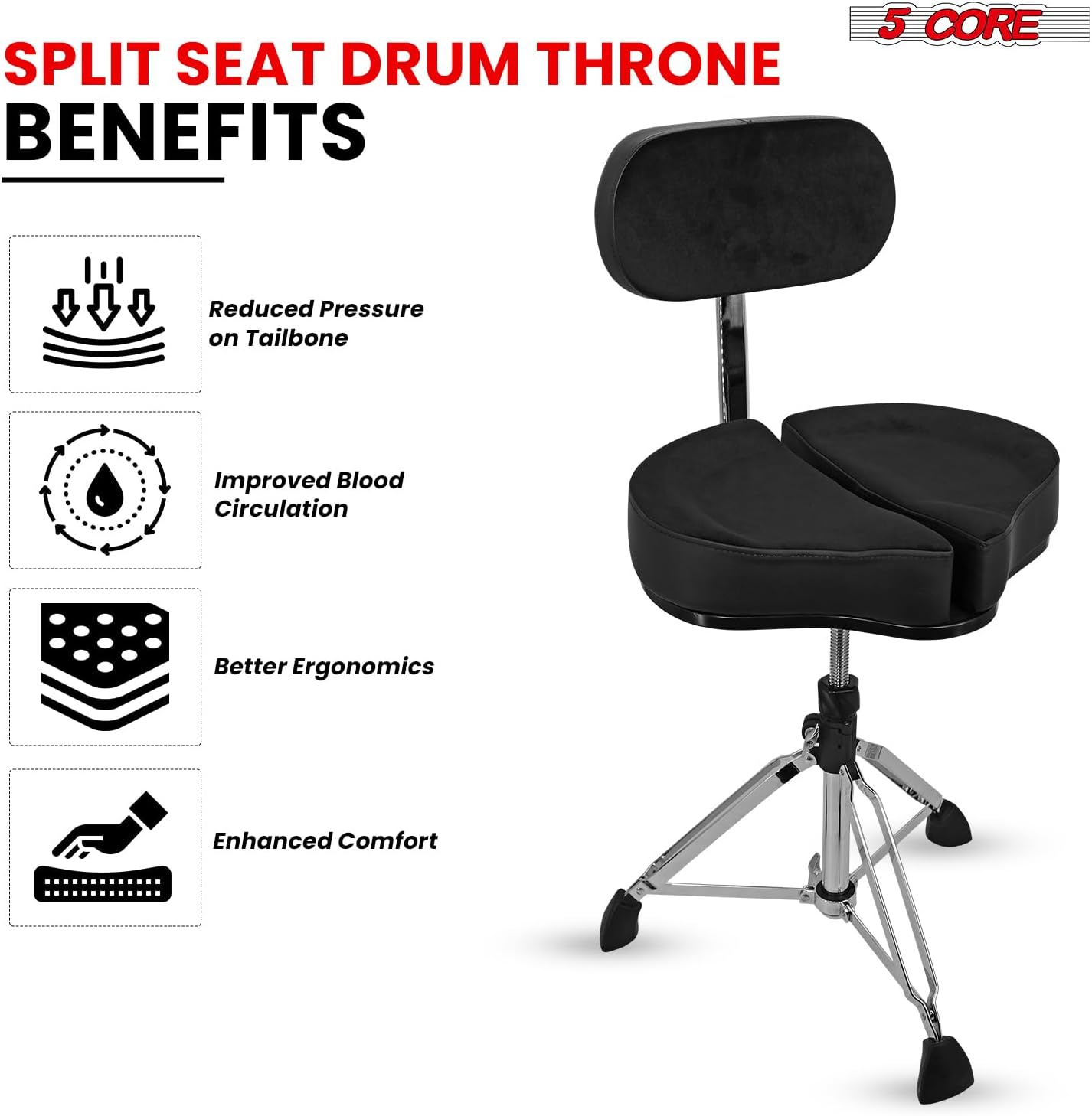 5 CORE Drum Throne 5 Inch Padded Velvet Top Split Spine Support Seat 441Lb Capacity Chair w Backrest for Adults and Kids Black - DS GT BLK-VEL BKREST