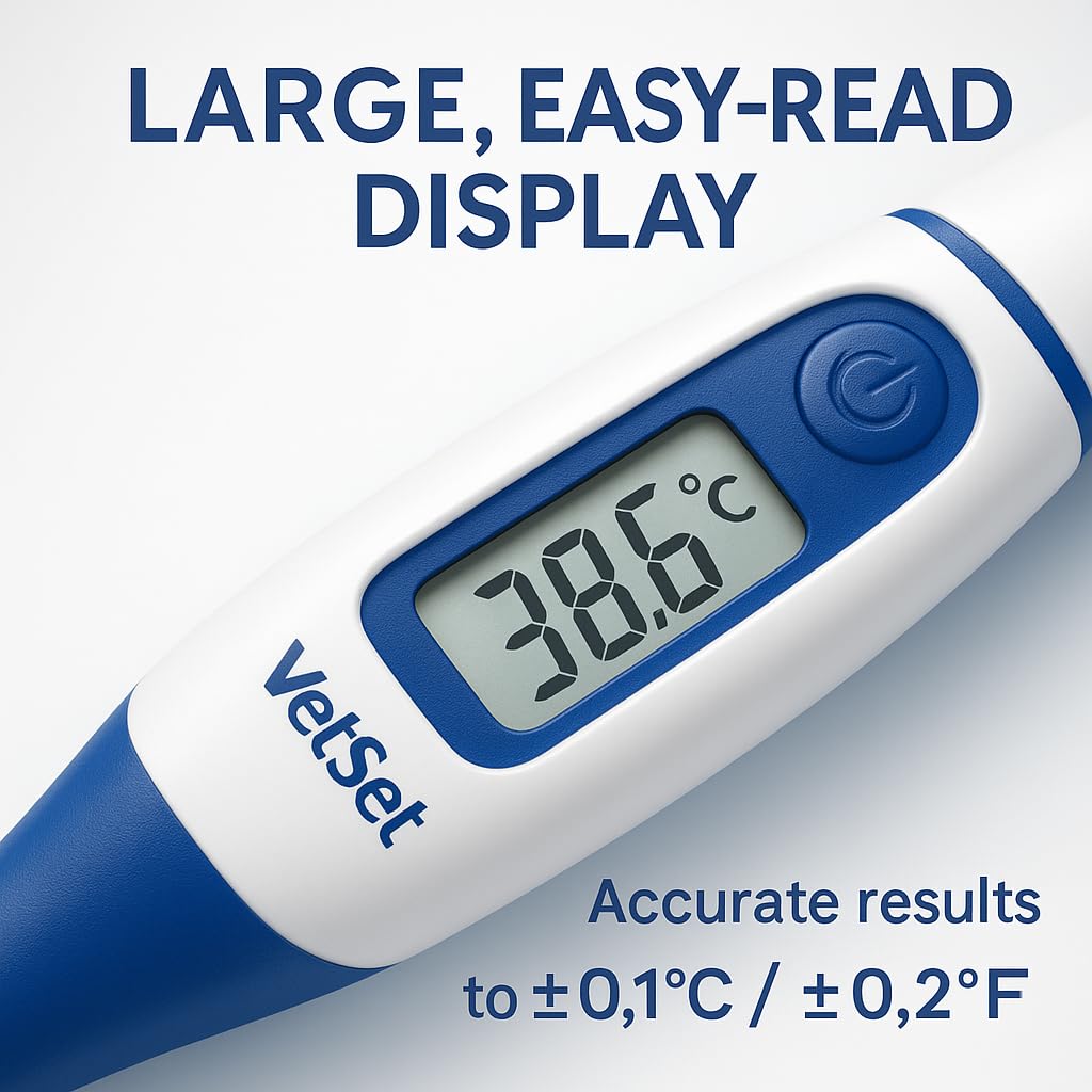 Digitales Veterinärthermometer für Pferde, Hunde, Katzen, Rinder, Nutztiere | Flexible wasserdichte Spitze | Schnelle genaue Messwerte | Aufzeichnung der letzten 5 Temperaturen | 60 Sekunden Messzeit