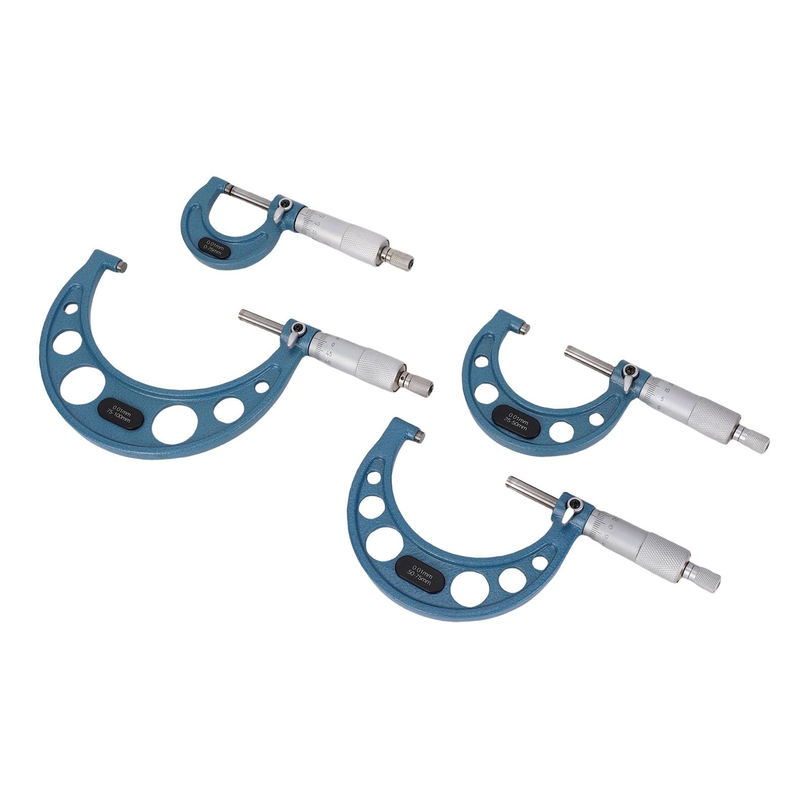 FTVOGUE Juego de Micrómetros Exteriores, Juego de Micrómetros de Precisión de Aleación con Cuerpo de Acero Inoxidable y Yunques de Carburo, 4 Piezas de 0 a 100 Mm, Rango de 0,01 Mm para Maquinistas,
