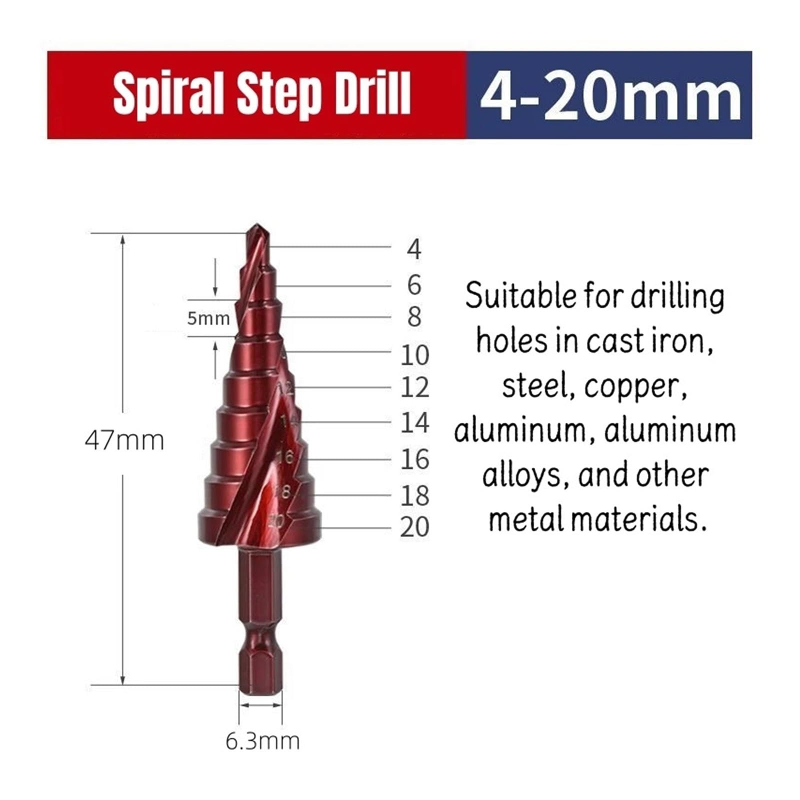 Juego de brocas escalonadas con flauta espiral titanio cobalto M35 | Herramienta de perforación de metal multiusos con vástago hexagonal de 4-32 mm