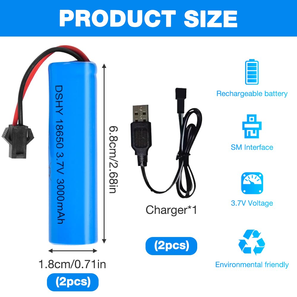 2 PCS Batterie Agli Ioni di Litio da 3,7 V 3000 mAh, 18650 Batterie 3.7v Rechargeable, Batteria di Ricambio con Caricabatterie USB Spina SM-2P per veicoli RC Auto, Bateau, Navire, Robot