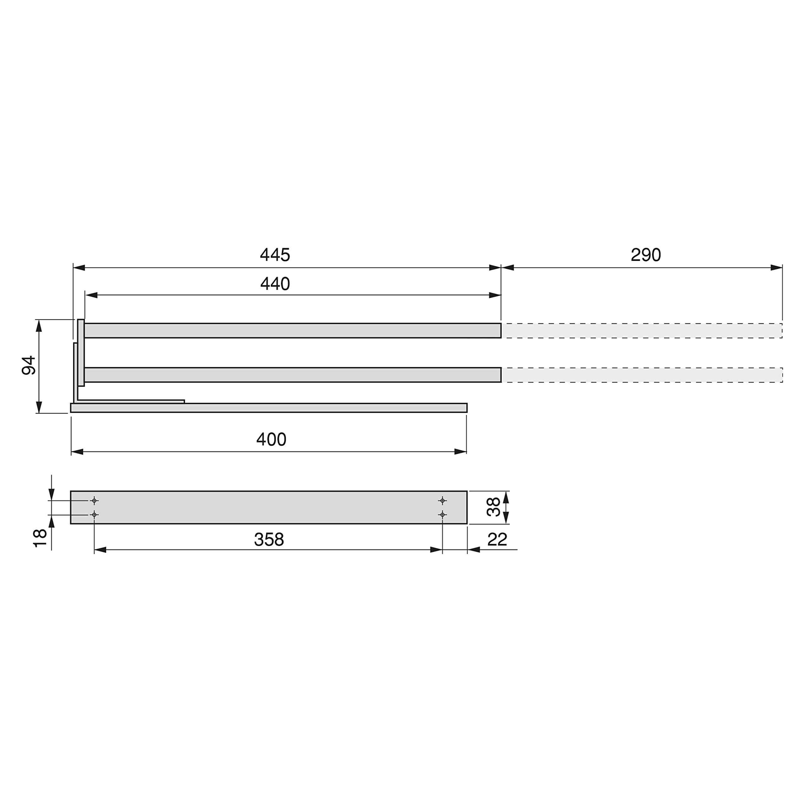Emuca - Porta asciugamani estraibile, 2 bracci, appendi asciugamani da bagno o cucina, 440 mm, Alluminio, Grigio
