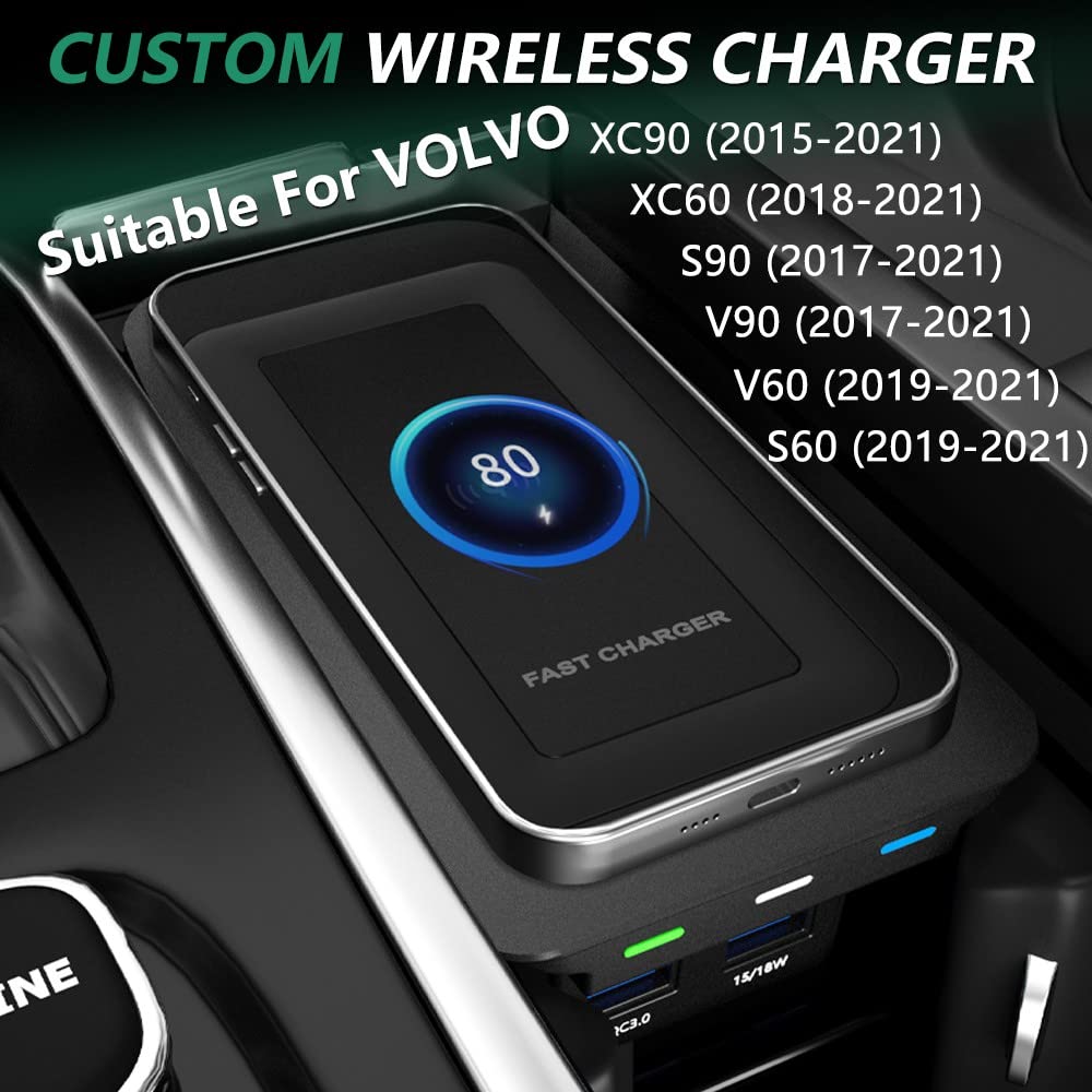 Cargador Teléfono Inalámbrico Coche para Volvo XC90 XC60 S90 S60 V90 V60, 15W Wireless Carga Rápida Auto Teléfono Cargador para Volvo 2017 2018 2019 2020 2021 2022 Consola Central Accesorios