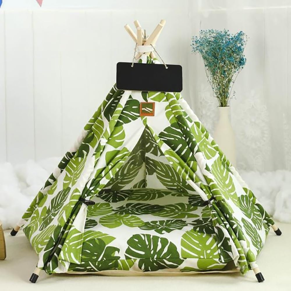 Stylish Pet Teepee Tent with Removable Cushion, Foldable Cat & Dog Tent House with Solid Wood Frame for Indoor Use (Multiple Patterns & Sizes)(C,S)