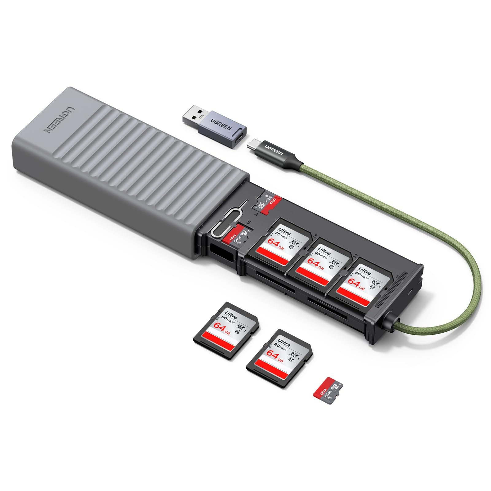 UGREEN USB C SD Kartenleser Kartenlesegerät mit USB C & USB A Stecker zu 2*SD + TF, SD Card Reader mit Speicherbox (6*SD+4*TF+SIM*1), Kompatibel mit iPhone 17 Serie/iPad/Laptop und mehr
