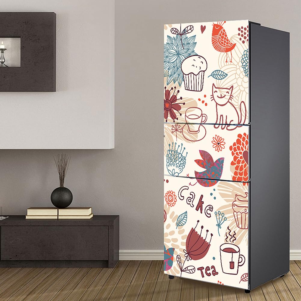 Fridge Stickers, Fridge Sticker Full Covering Door Covers Skins Wall Stickers for Kitchen Decal, Cake Coffee cat and Bird(M: 60x180 cm)