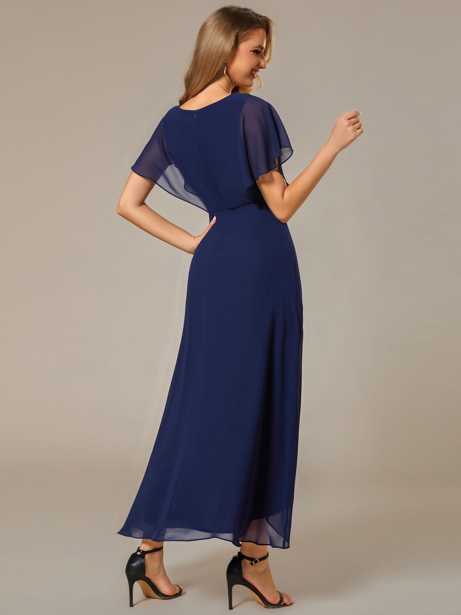 Ever-Pretty Robe pour Mariage Invité Longue Femme Asymétrique Col V Plissé Manches Volantées Mousseline Robe de Soirée Chic EE02027