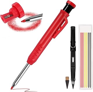 Sjchon Crayons de Charpentier Marqueurs Trou Profond, 6 Solides Rouge Noir Jaune, Taille-Crayon Intégré outil Marquage Crayon MéCanique, d'Architecte Construction