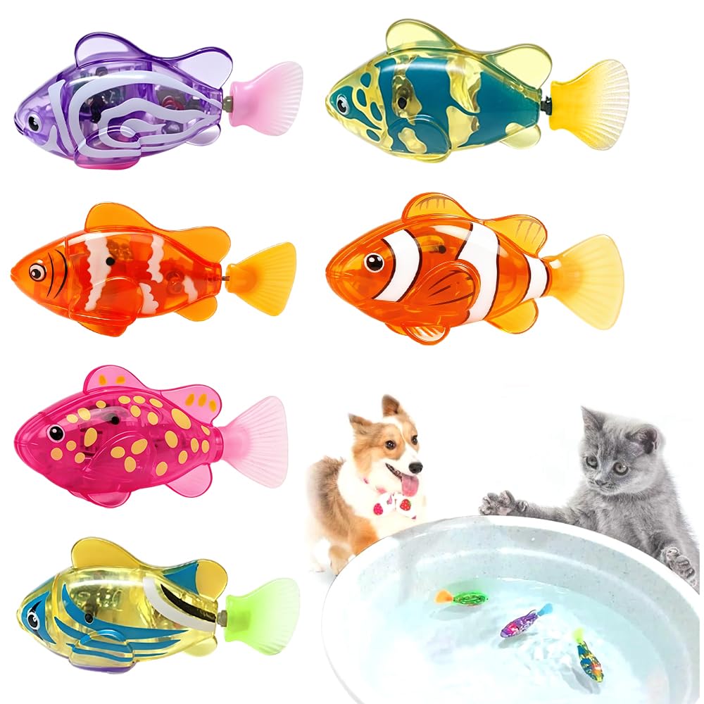 XEERUN 6 PCS Robot Fish, Interactive Robotic Fishes, Sensors Activated Swimming Fish with Light Up, Electric Fish Toy, Self Moving Action, Multi-Colour Aquatic Design for Pet Cats, Bath