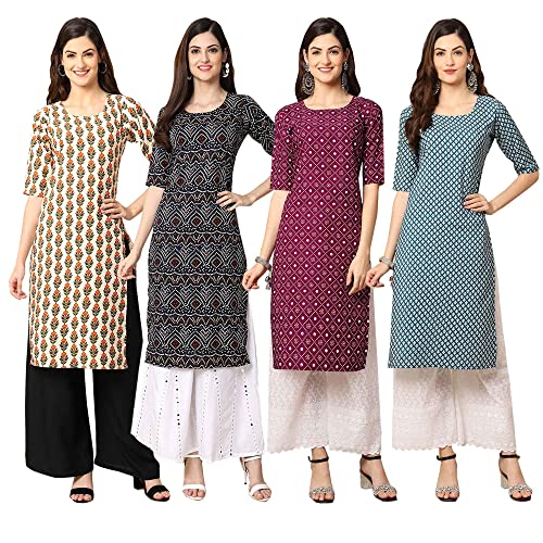 Image of Pinkmint Women's Crepe Digital Print Straight Kurta [Pack of 4] (CCV-334-338-339-335)