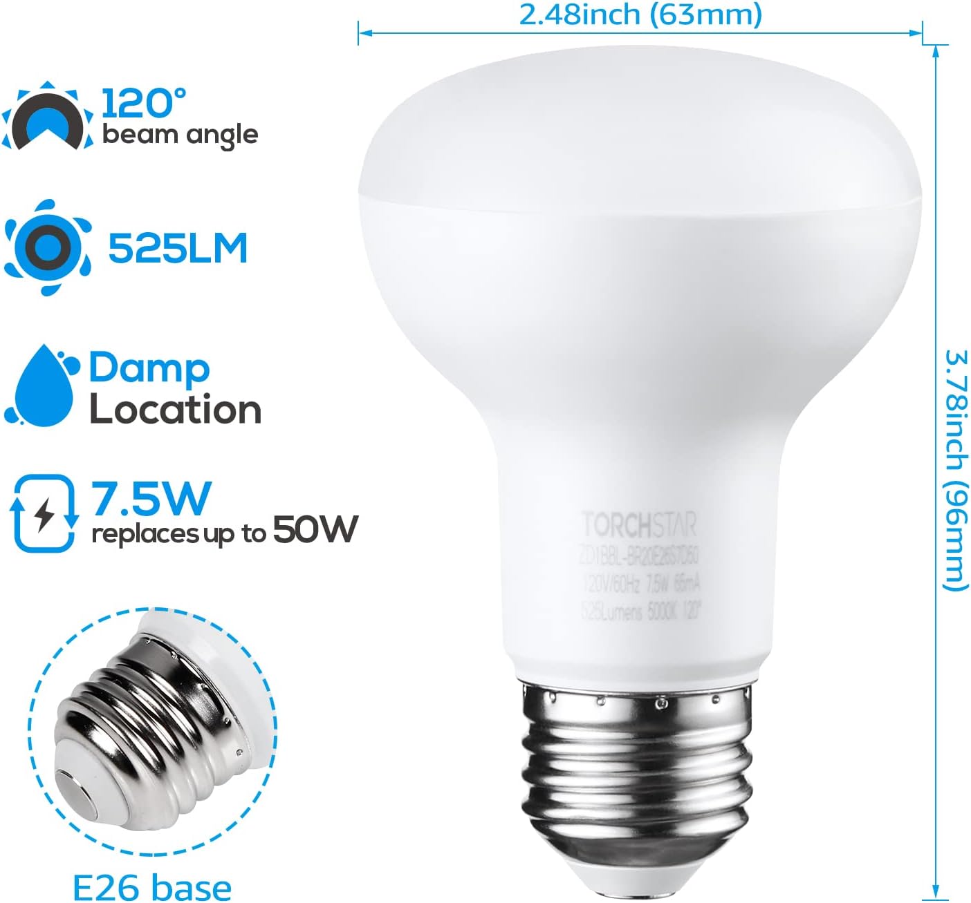 TORCHSTAR BR20 LED Bulbs, Indoor Flood Light R20, Dimmable, 7.5W (50W Eqv), UL Listed, 5000K Daylight, E26 Medium Base, Recessed Can Lights, Home Ceiling, Pack of 4
