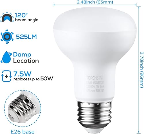 Miniatura 3 de TORCHSTAR Bombillas LED BR20, luz de inundación para interiores R20, regulable, 7.5 W (50 W equivalente), UL y Energy Star, luz diurna de 5000 K,
