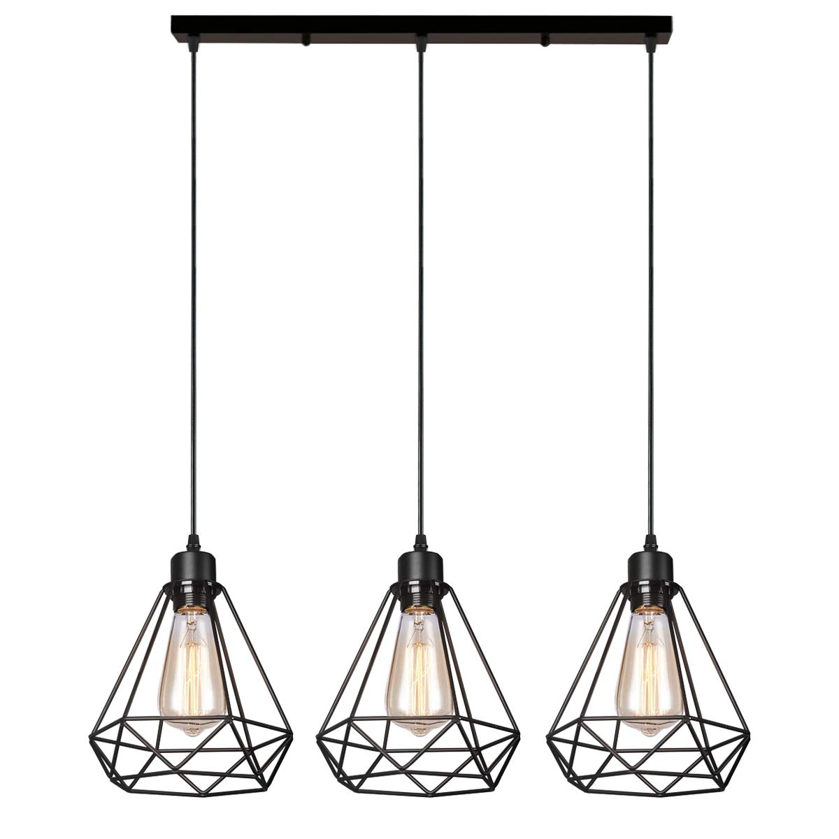 Idegu 20Cm, Pendant Light, Black, 3-Light, Strip Industrial Pendant Light, Retro 3 Lights Cage Ceiling Light Shade Metal E27 Vintage Hanging Lamp Shade Black Pendant Light Fitting, Ø 20Cm - Bar Support