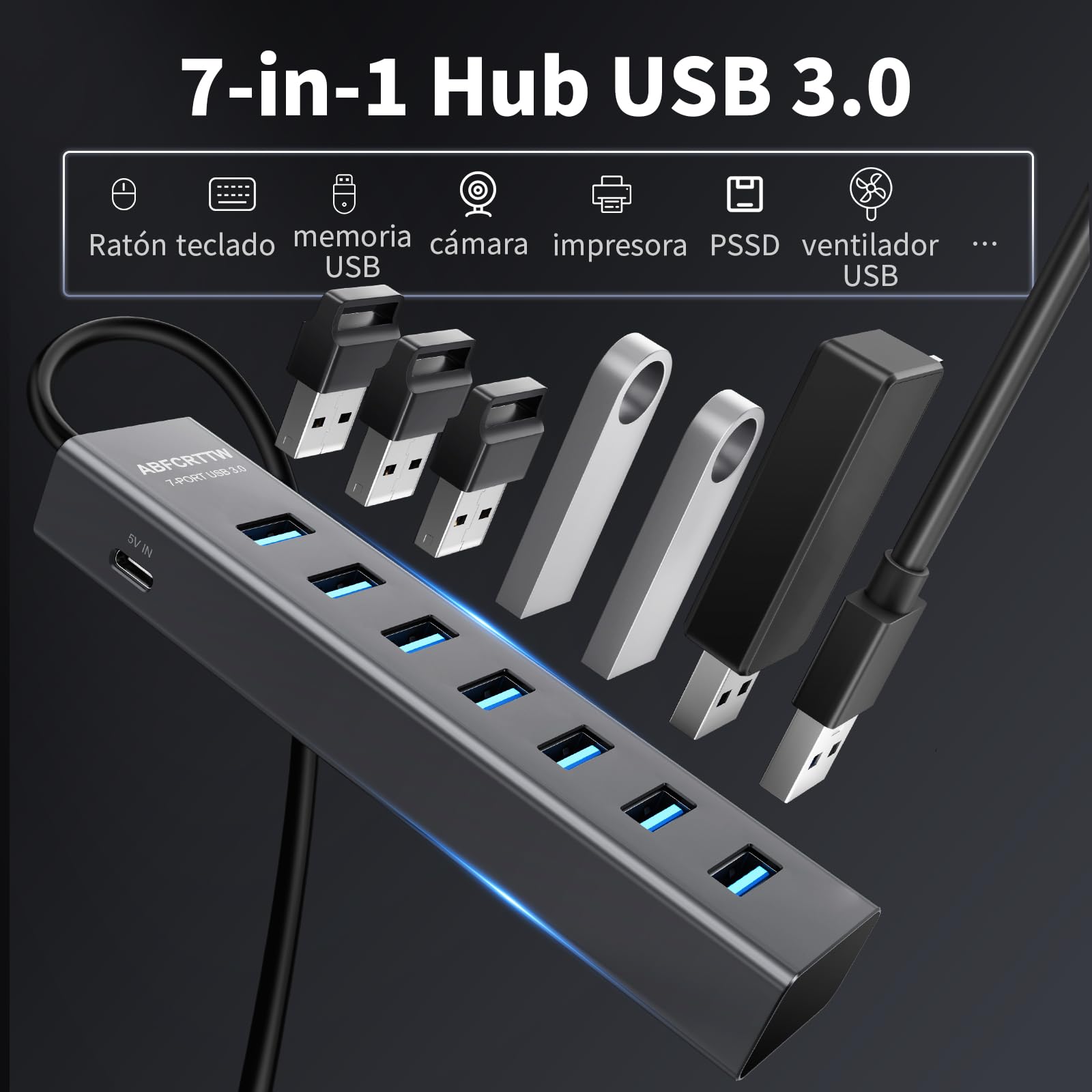 7 Puertos Hub USB 3.0 con 120cm Cable para PC Computadora, Aluminio USB Hub Adaptador multipuerto con USB 3.0 5Gbps, 5V 3A USB-C Alimentado para PC, Laptop, MacBook, Mouse, Teclado, U-Disk etc.