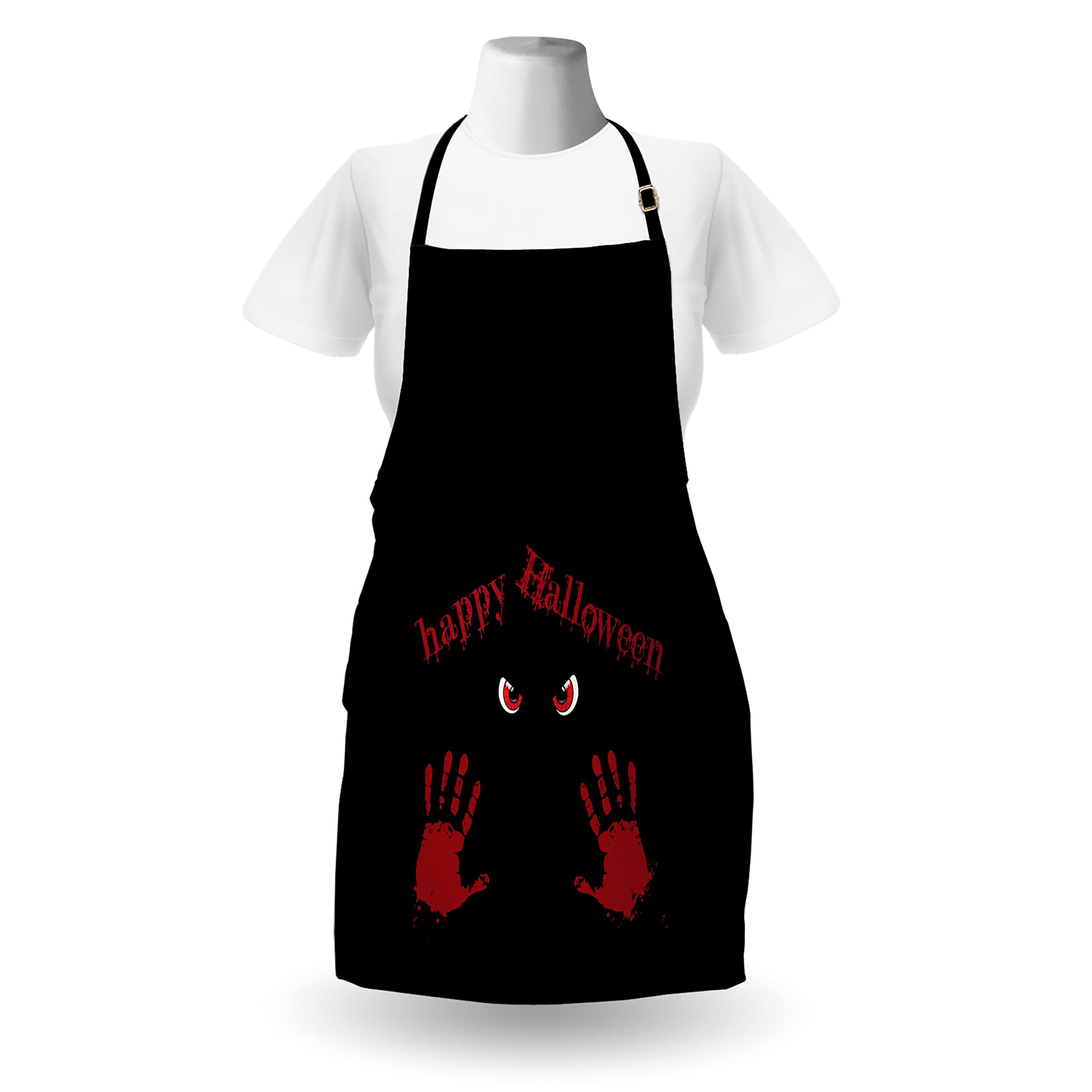 Ambesonne Halloween Apron, Blood Hand Print Angry Red Monster Eyes Spooktober Themed Art Print, Unisex Kitchen Bib with Adjustable Neck for Cooking Gardening, Adult Size, Ruby and Charcoal Grey
