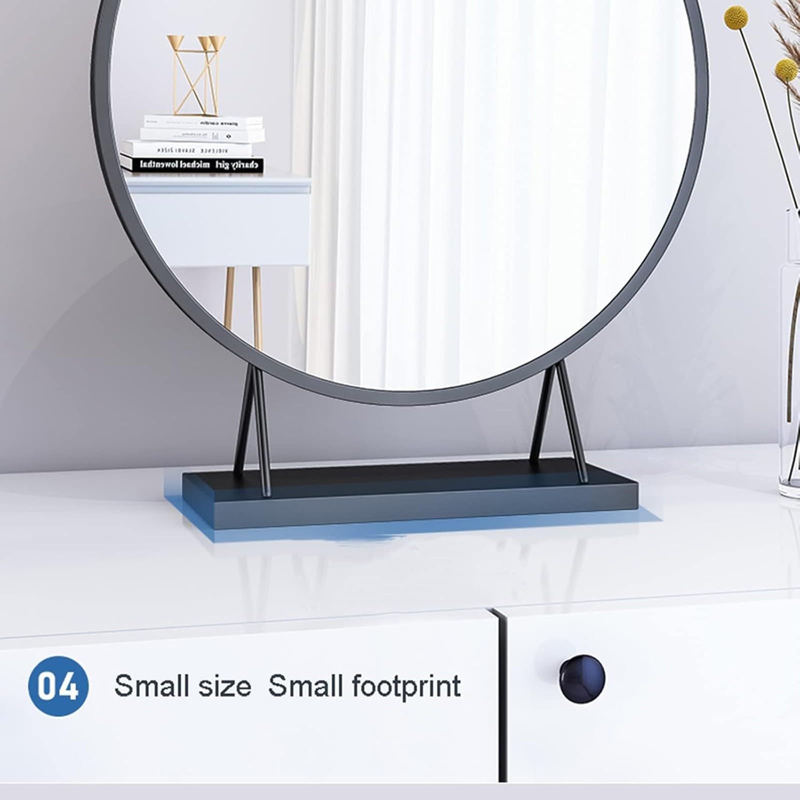 Specchio rotondo in metallo con supporto, perfetto per rasatura e trucco, nero, 40 cm, elegante accessorio da bagno e toeletta