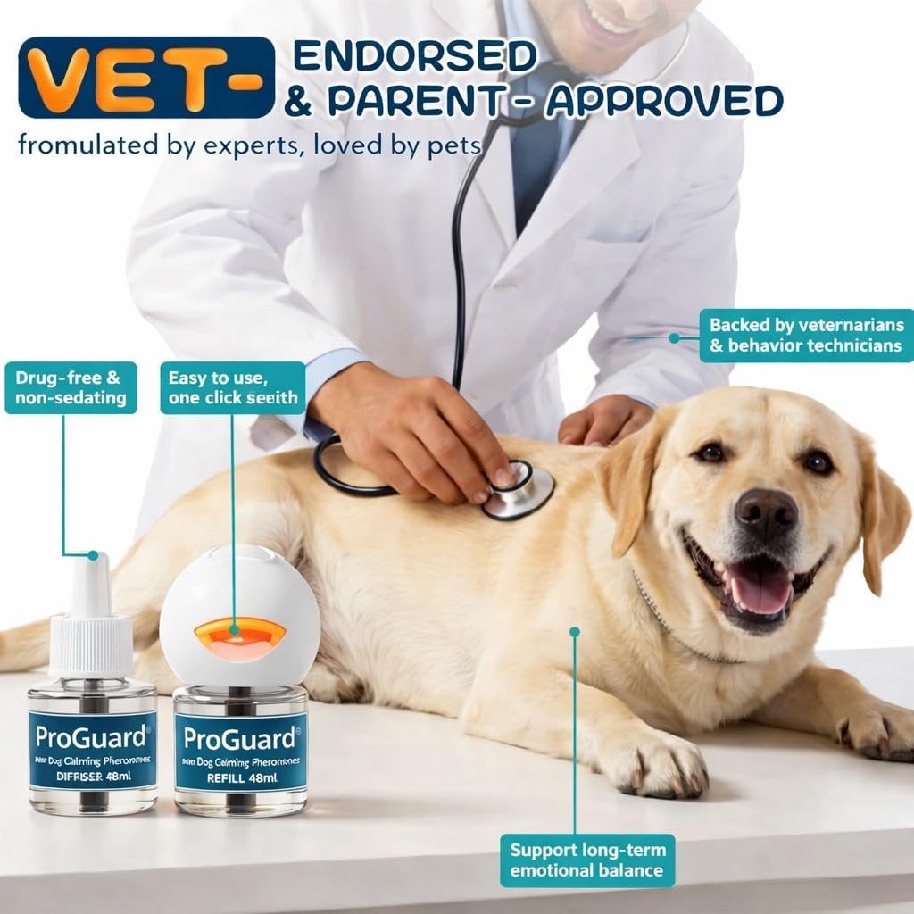 ProGuard Dog Pheromones Calming Diffuser Kit Appeasing Pheromone Diffuser to Calm (3 Plug in+ 6 Pack 48ml Refill) for Anxiety Relieve Relief Reduce Aggression Fighting Barking Stress 180 Day Supply