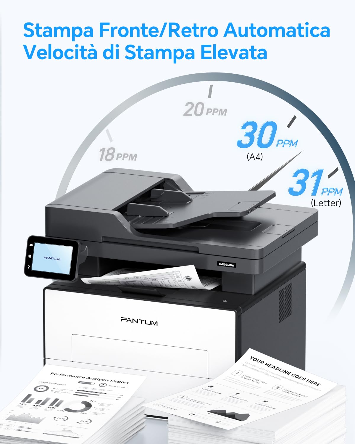 PANTUM BM4309ADW Stampante Laser Multifunzione, Stampa/Scansione Fronte e Retro Automatica, ADF, 30ppm, USB, WiFi, Display Touchscreen 3.5 Inch