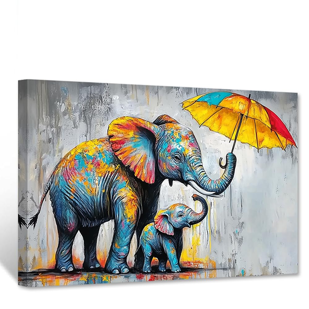 CCWACPP Elephant Canvas Wall Art Wild Animal Wall Decor Elephant with Cub Pictures Wildlife Painting Funny Animal Poster Living Room Office Decor Framed (40.00 x 60.00 cms)