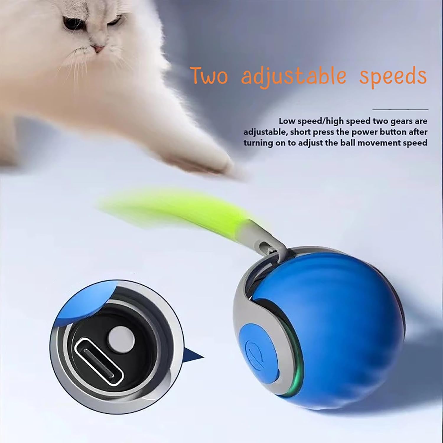 Image showing the cat toy ball with an inset highlighting the power button and charging port, and text indicating two adjustable speeds.