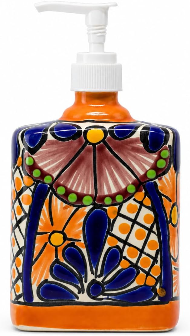 Talavera Ceramic Soap & Lotion Dispenser, for Kitchen or Bathroom Countertops - Hand Painted Mexican Pottery (Multicolor) New