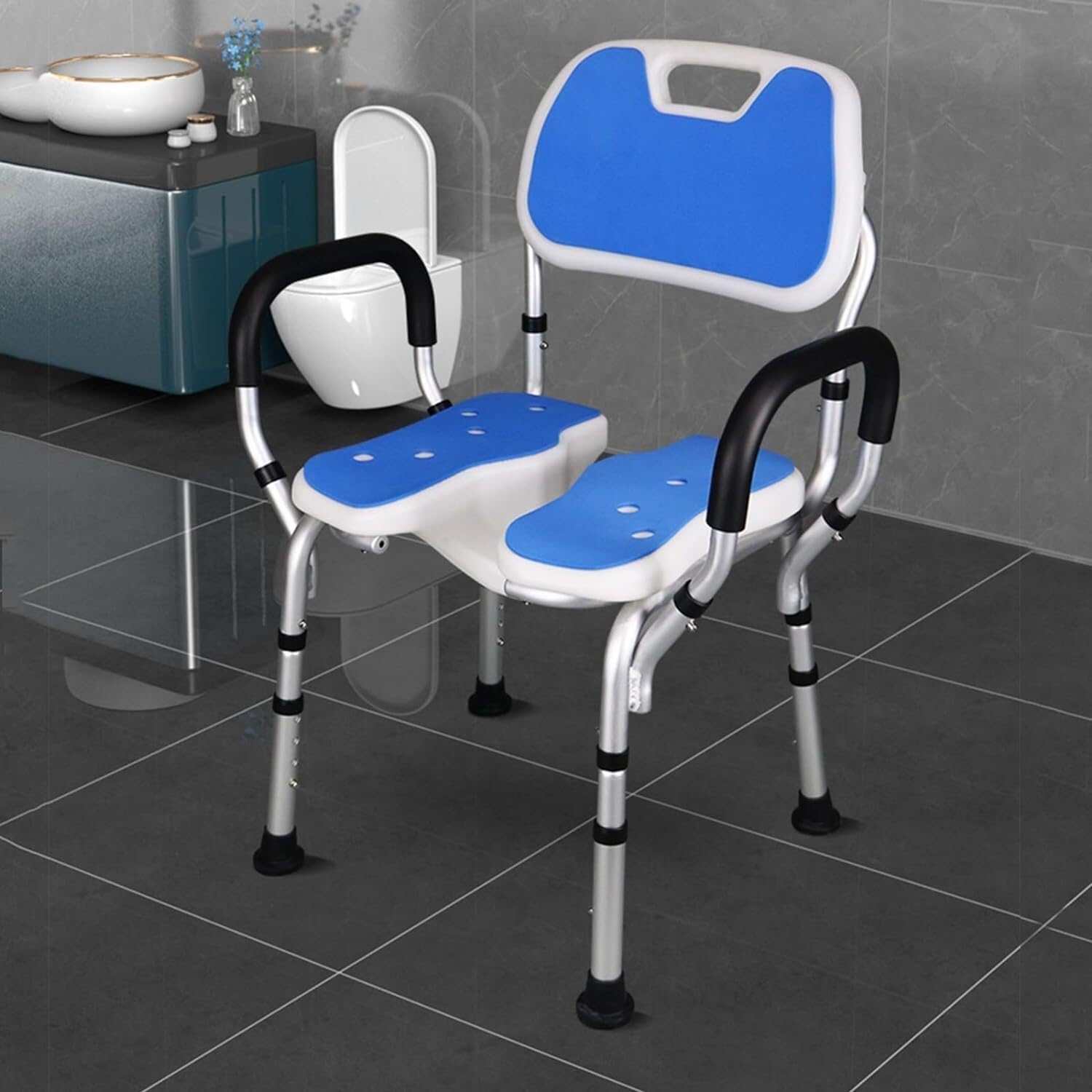 Silla de Ducha con Brazos y Respaldo extraíbles,Taburetes de Ducha en Forma de U for Personas Mayores discapacitadas,4 sillas de bañera Antideslizantes de Altura Ajustable con cojín