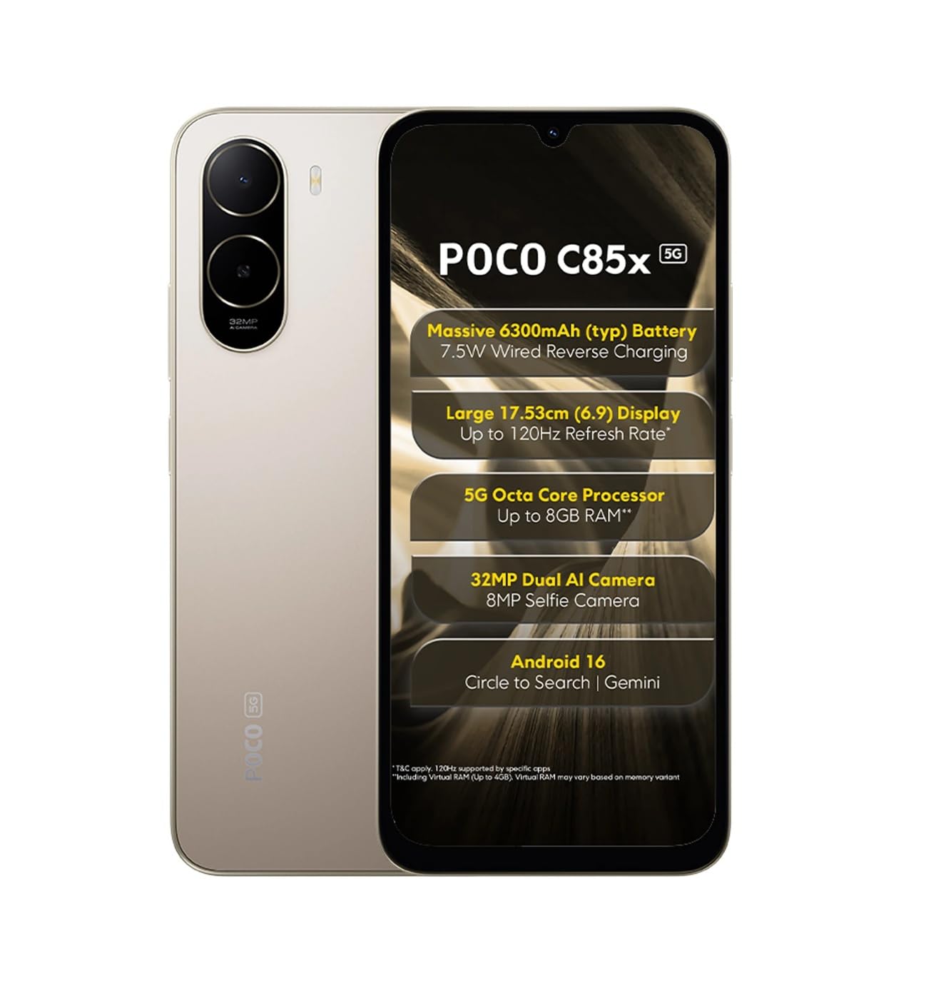 POCO C85x 5G Smartphone, Sunset Gold, 6.9 Inch Display, 32MP Dual AI Camera, 6300mAh Battery, 64GB Storage