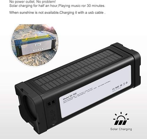 Miniatura 9 de Altavoz solar Bluetooth, IPX7, impermeable, portátil, de 20 W, con 27 luces LED, batería de 5000 mAh, micrófono, tarjeta TF, para ducha al aire