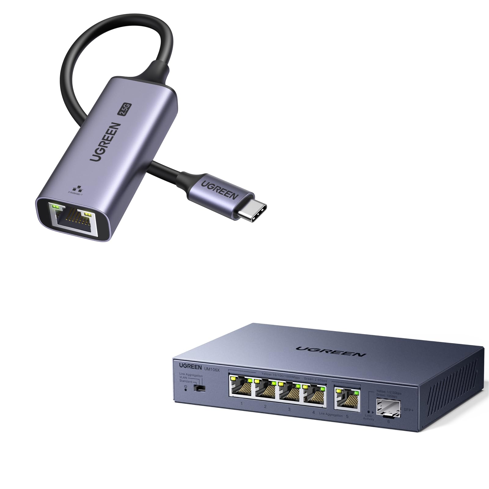 UGREEN Switch Ethernet 5 Ports Ethernet 2.5G 1 Port SFP+ 10G Switch RJ45 Boitier Métal 4KV Protection Contre la Foudre Multiprise RJ45 Montage Mural Agrégation de Liens Compatible avec PC Nas Caméra
