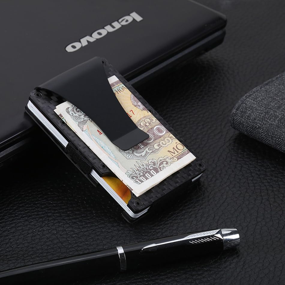 Slim Minimalist Wallet for Men,Easy to Access for Cards - Ideal Gift for Him(Carbon Fiber),Aluminum Slim Card Holder with Cash Strap（SJK002）4