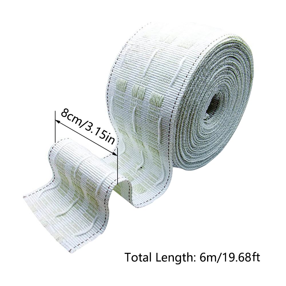 SEIWEI Curtain Tape with Hooks, 6m*8cm Pleater Tape for Curtain, Glide Ring Pleat Tape with 30 Metal Hook Clips Curtain Accessory for Most Windows (1 Pack)