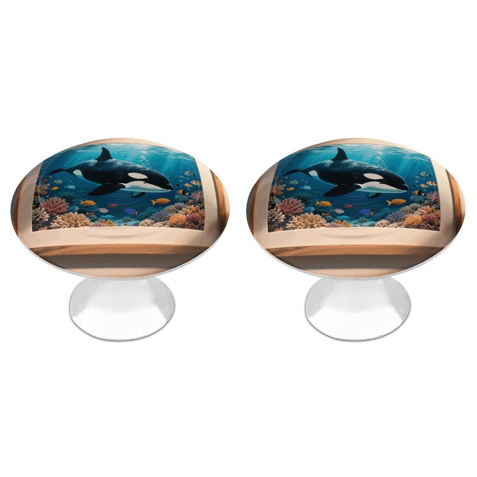 Maccbn Style-5 2 Pack 1.1" Round Killer Whales Orca Pattern Drawer Knobs Modern Kitchen Cabinet Knob Hardware Handles Decorative Furniture Knobs For Dresser, Cupboards, Wardrobes, Bifold Door, Closet Doo