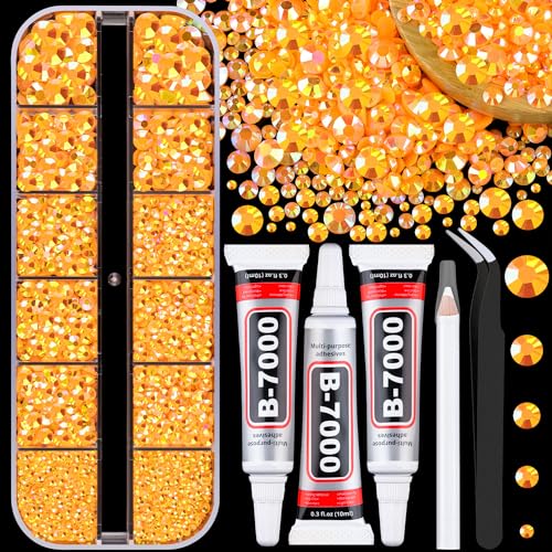 Resin Jelly Rhinestones for Crafting with B7000 Jewelry Glue 1 Box Light Orange AB Flatback Crystal with 3Pcs 10ml Glue Bedazzling Non Hotfix Gems for DIY Tumblers Clothing Shoes Manicure
