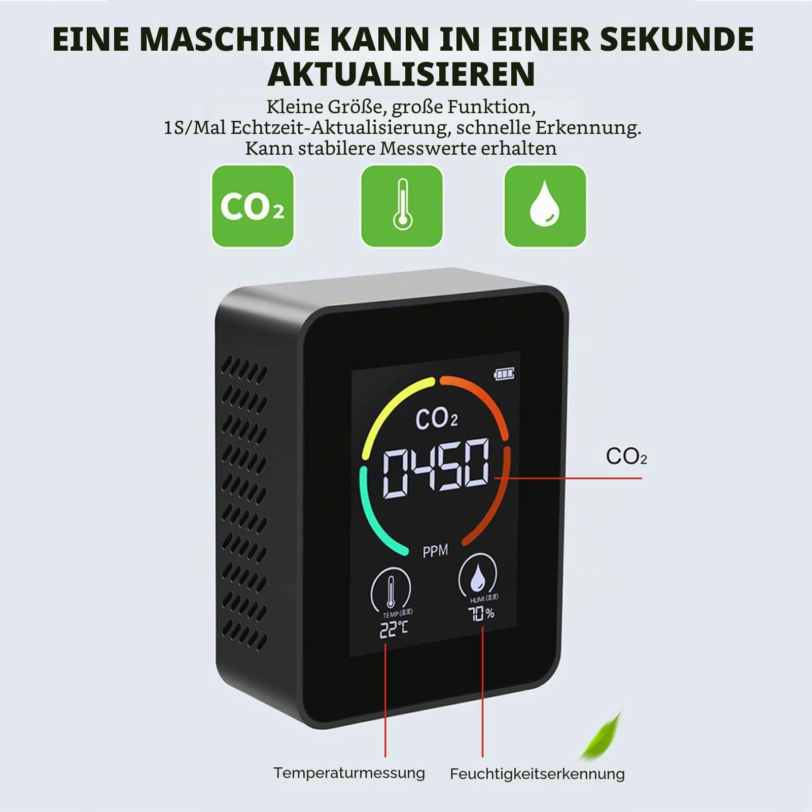 CO2-Detektor, Luftqualitätsmonitor Für Den Innenbereich, CO2-Messgerät, Tragbarer Kohlendioxid-Detektor, USB-Ladethermometer-Hygrometer Für Zuhause, Schule, Büro, Fabrik, Echtzeit-Monitor, CO2-De
