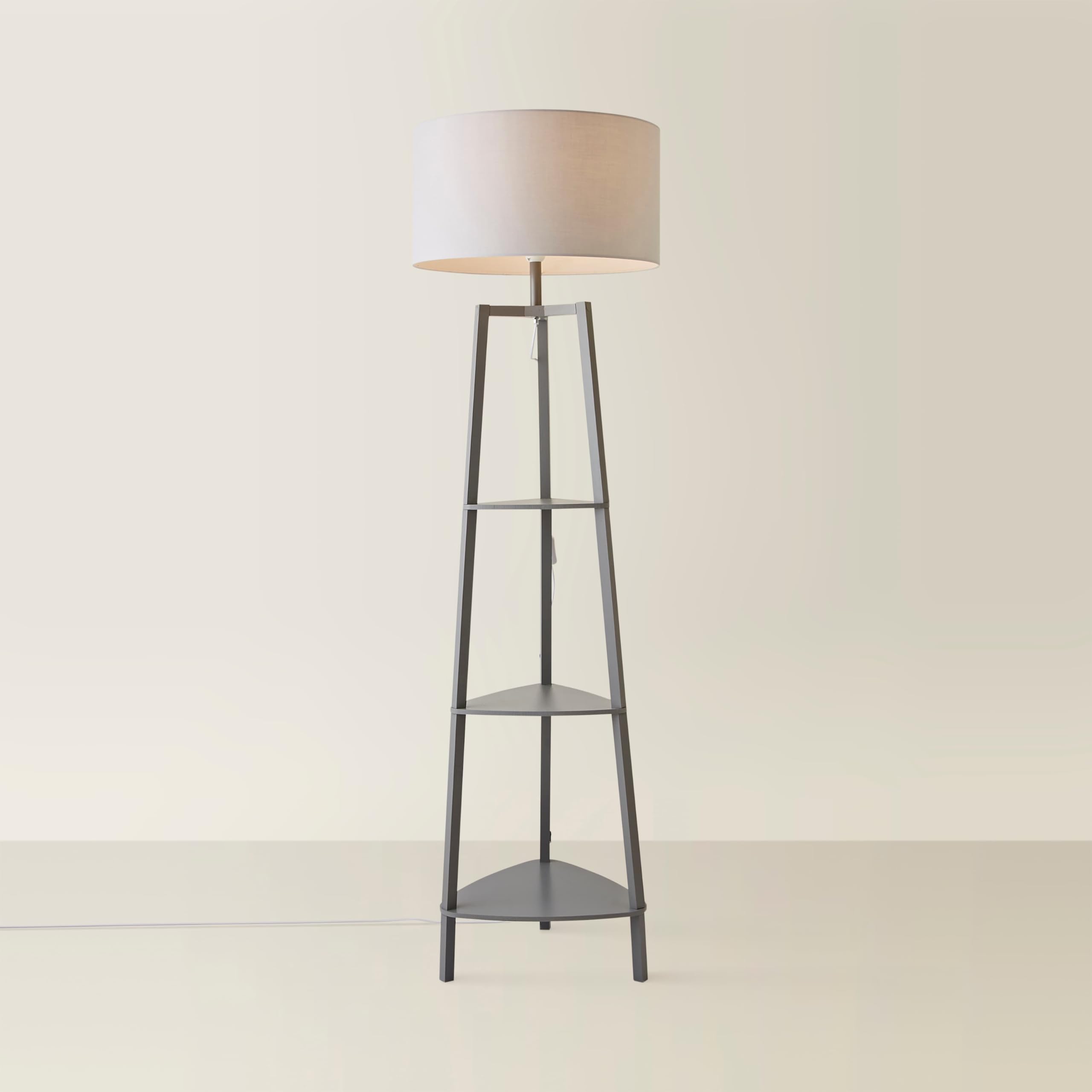 Floor Lamp - Hiru Grey 3 Tier Wooden Shelf with Large Drum Shade