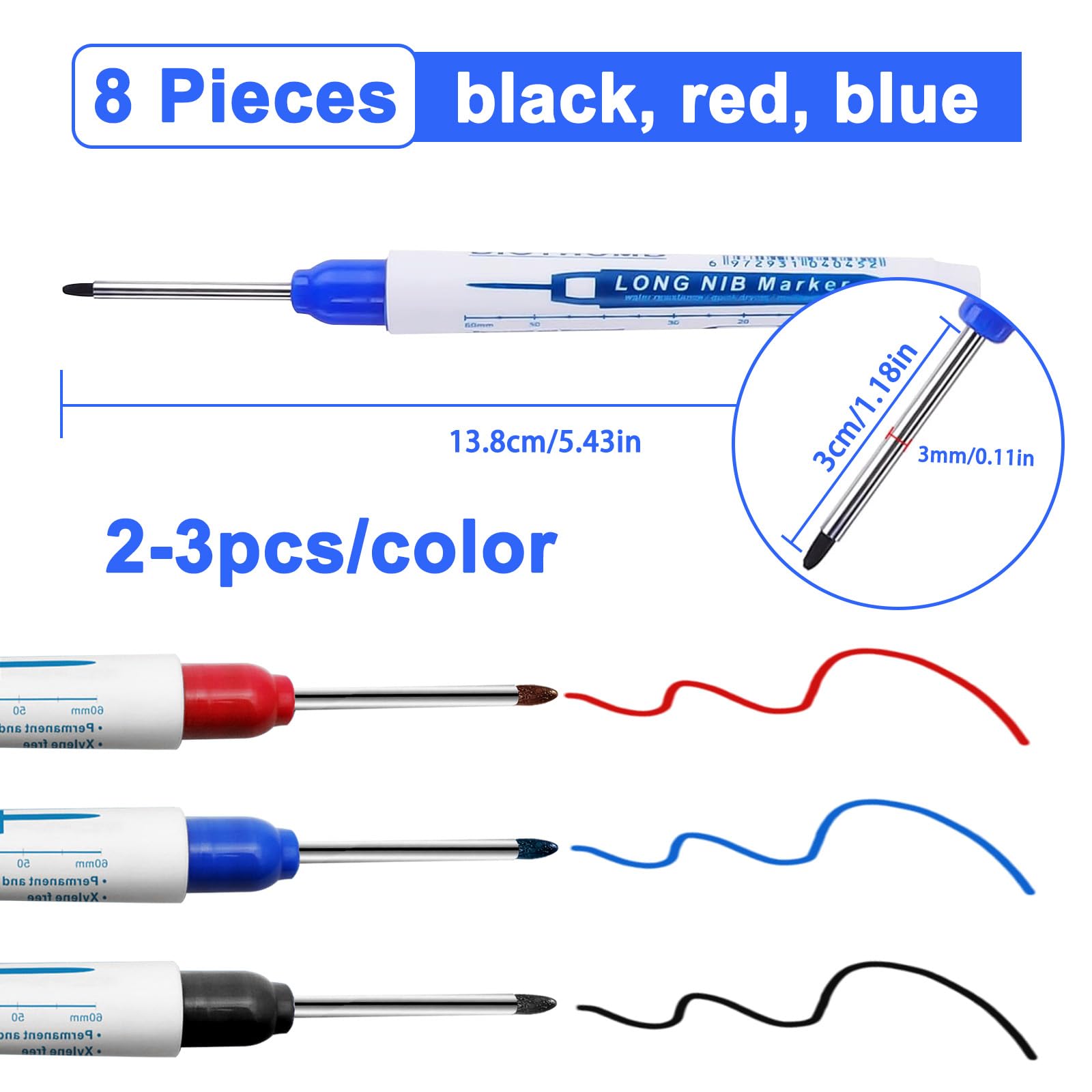 8 Pennarelli Per Fori Profondi 30mm - Marcatore Indelebile Per Falegnami, Cantieri