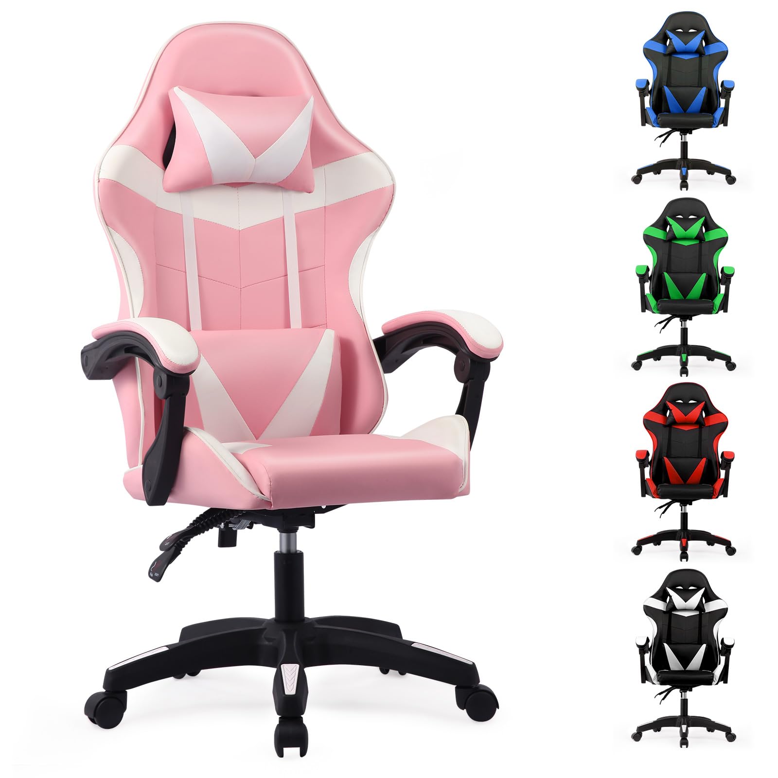 Lishetimig Ergonomic Gaming Chair, Computer Chairs with Lumbar Cushion + Headrest, Height-Adjustable Office and Computer Chair for Adults(Pink)